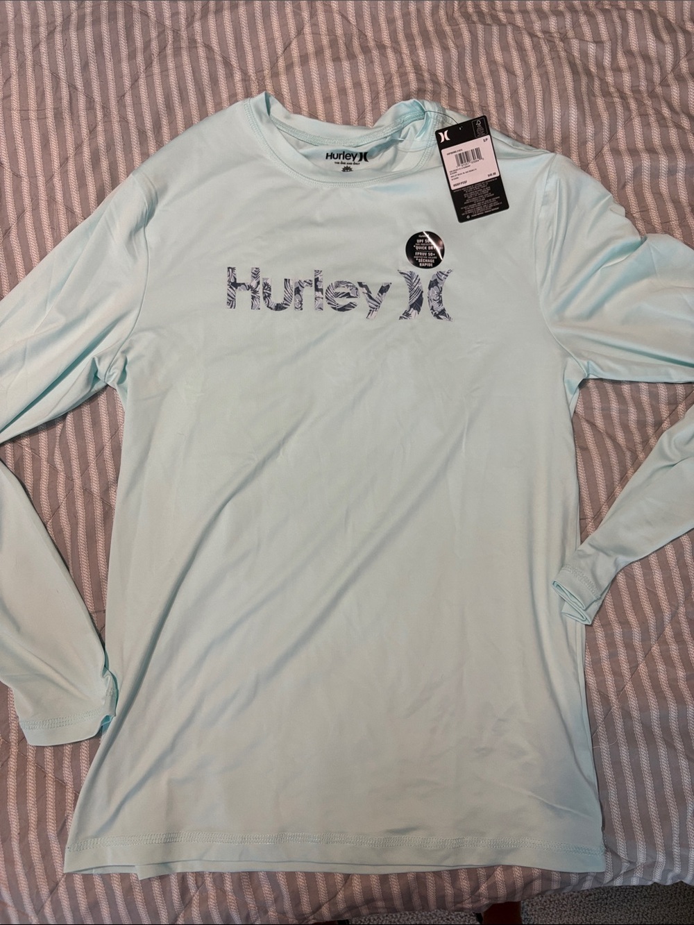 Hurley mens Long Sleeve Performance Top - Light Aqua with Navy Logo